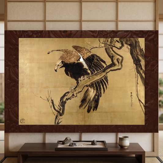 Fierce Eagle Japanese Ink Painting Poster - Nagasawa Rosetsu Remastered Wood Frame Effect Wall Art | MU-NI Japan