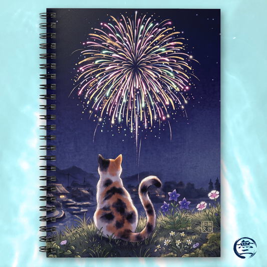 Calico Cat & Fireworks Spiral Notebook- Japanese Nostalgic Last Summer | MU-NI Japan