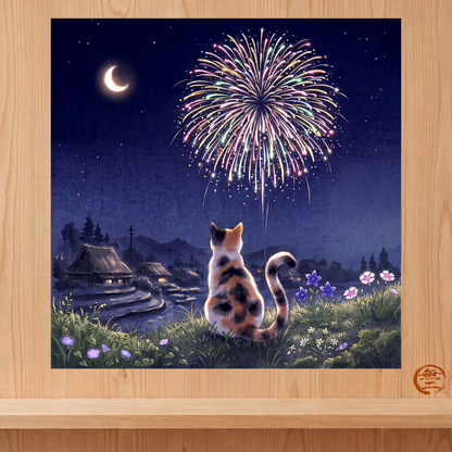 Calico Cat and Fireworks Art Print - Japanese Nostalgic Summer Night Poster | MU-NI Japan