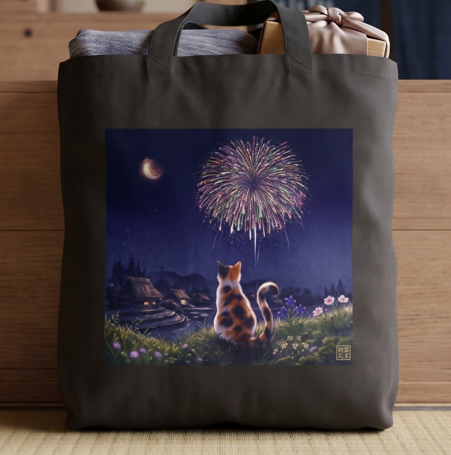 Japanese Calico Cat Fireworks Canvas Tote Bag, Nostalgic Night Sky Summer  Heavy Cotton Shoulder Bag | MU-NI Japan