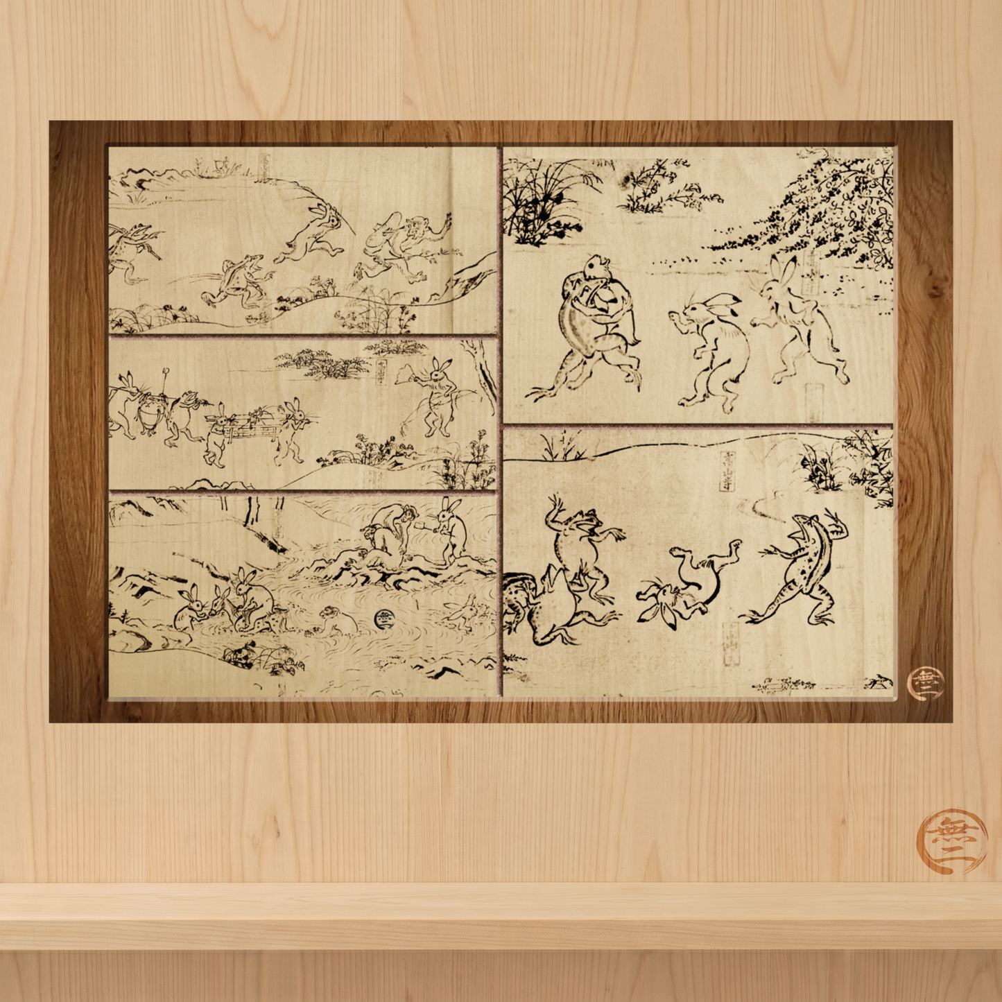 Choju Giga Frogs and Rabbits Woodburn Style Japanese Art Print- -3D Printed Frame Effect Wall Decor Poster | MU-NI Japan