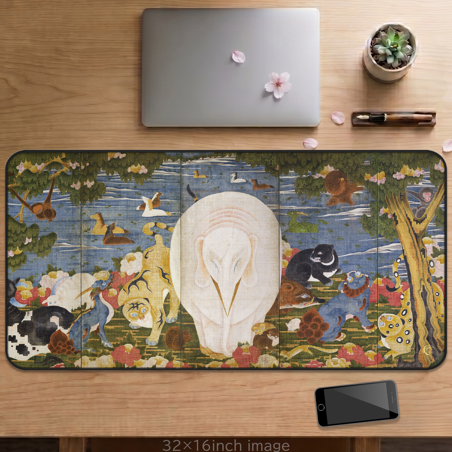 Ito Jakuchu Birds and Animals in the Flower Garden Desk Mat - White Elephant Center Ed. Vintage Japanese Art Large Mouse Pad | MU-NI Japan