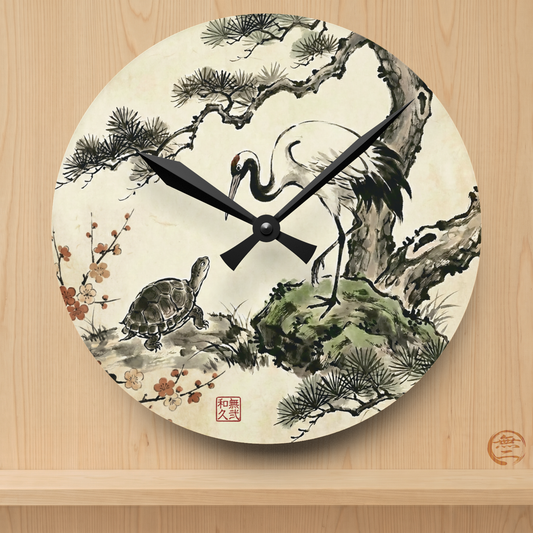 Japanese Crane and Turtle, Pine and Plum Wall Clock - Symbol of Longevity & Peace Wall Art | MU-NI Japan