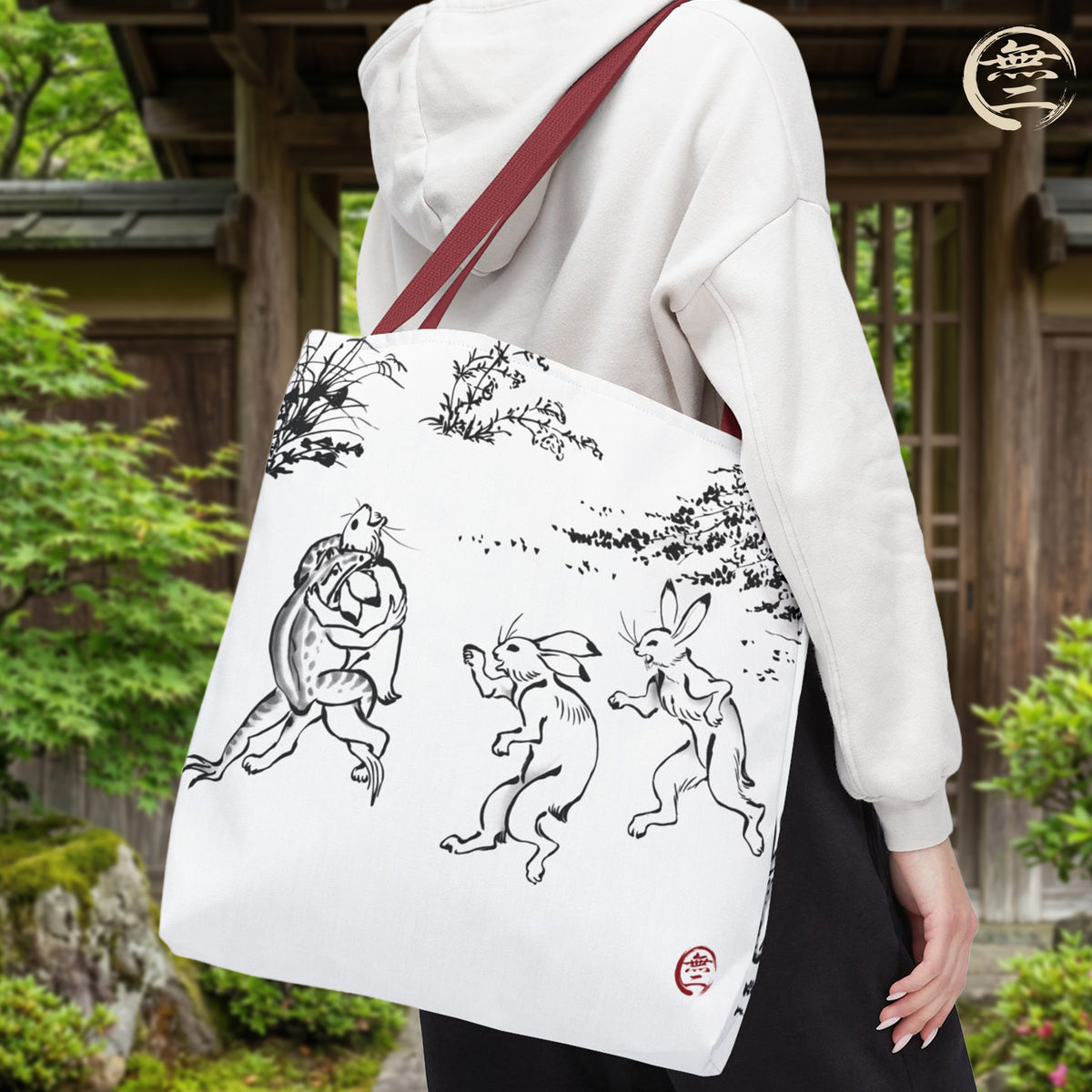 Choju Giga Tote Bag -SHIRO- Japanese Frogs and Rabbits Vintage Scroll Art | MU-NI Japan