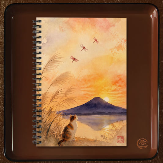Japanese Calico Cat and Autumn Mount Fuji Sunset Spiral Notebook | MU-NI Japan