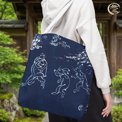 Choju Giga Tote Bag -AIZOME- Japanese Indigo Style Frogs and Rabbits Vintage Scroll Art | MU-NI Japan