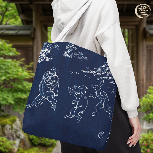Choju Giga Tote Bag -AIZOME- Japanese Indigo Style Frogs and Rabbits Vintage Scroll Art | MU-NI Japan