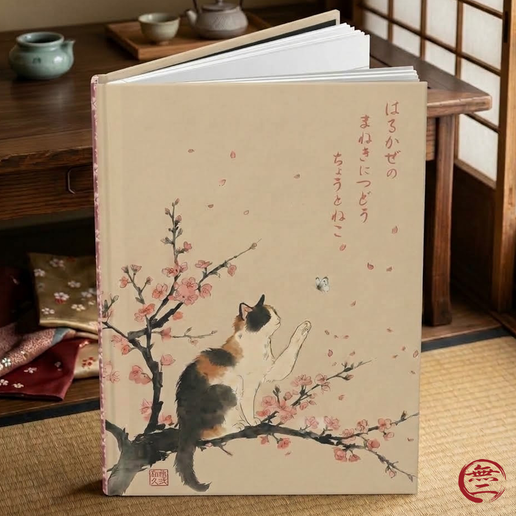 Calico Cat & Cherry Blossom Hardcover Joural - Japanese Sakura Notebook, Cute Aesthetic Diary, Gift for Cat Lovers | MU-NI Japan
