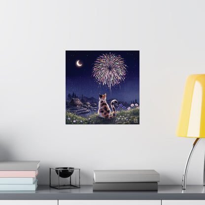 Calico Cat and Fireworks Art Print - Japanese Nostalgic Summer Night Poster | MU-NI Japan