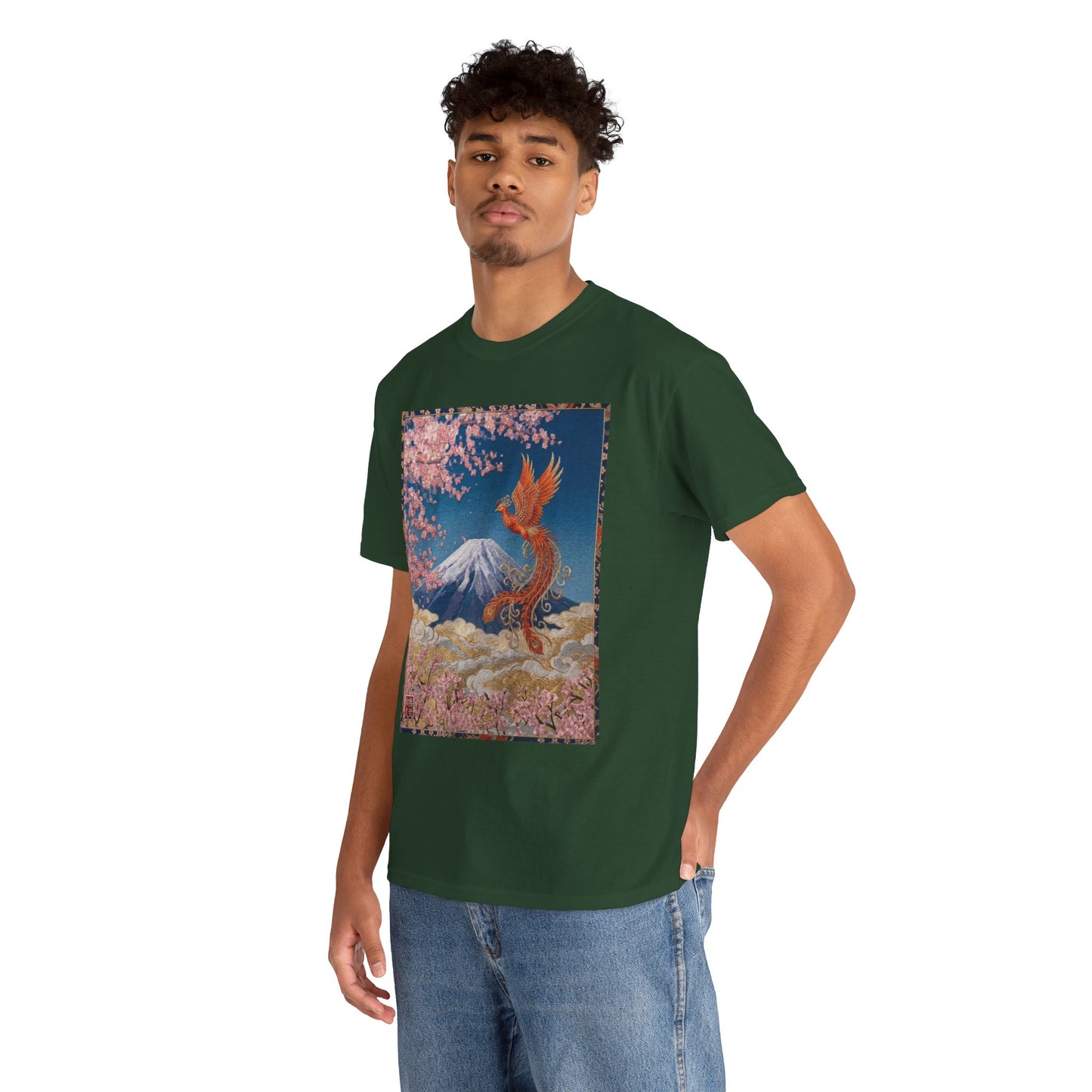 Japanese Phoenix Houou Mt Fuji Sakura T-Shirt - Japandi Zen Aesthetic Tee, Embroidery Texture Style, Mindfulness Gift HF3T | MU-NI Japan
