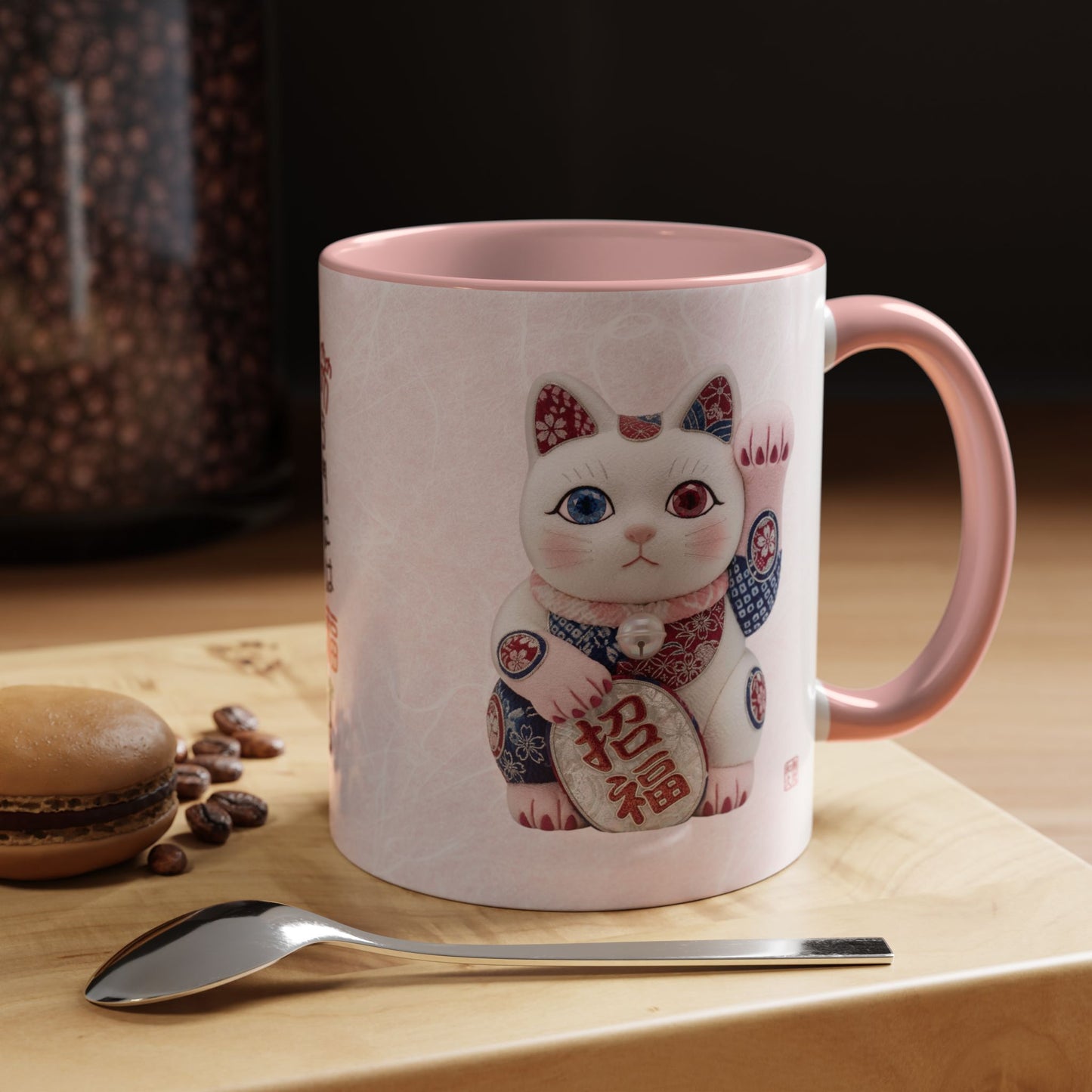Shin-Maneki neko Modern Kimekomi Decor Style Mug (11oz) | Odd-Eye & Smile Dual Design- Beckon Health and Happiness MS2M | MU-NI Japan