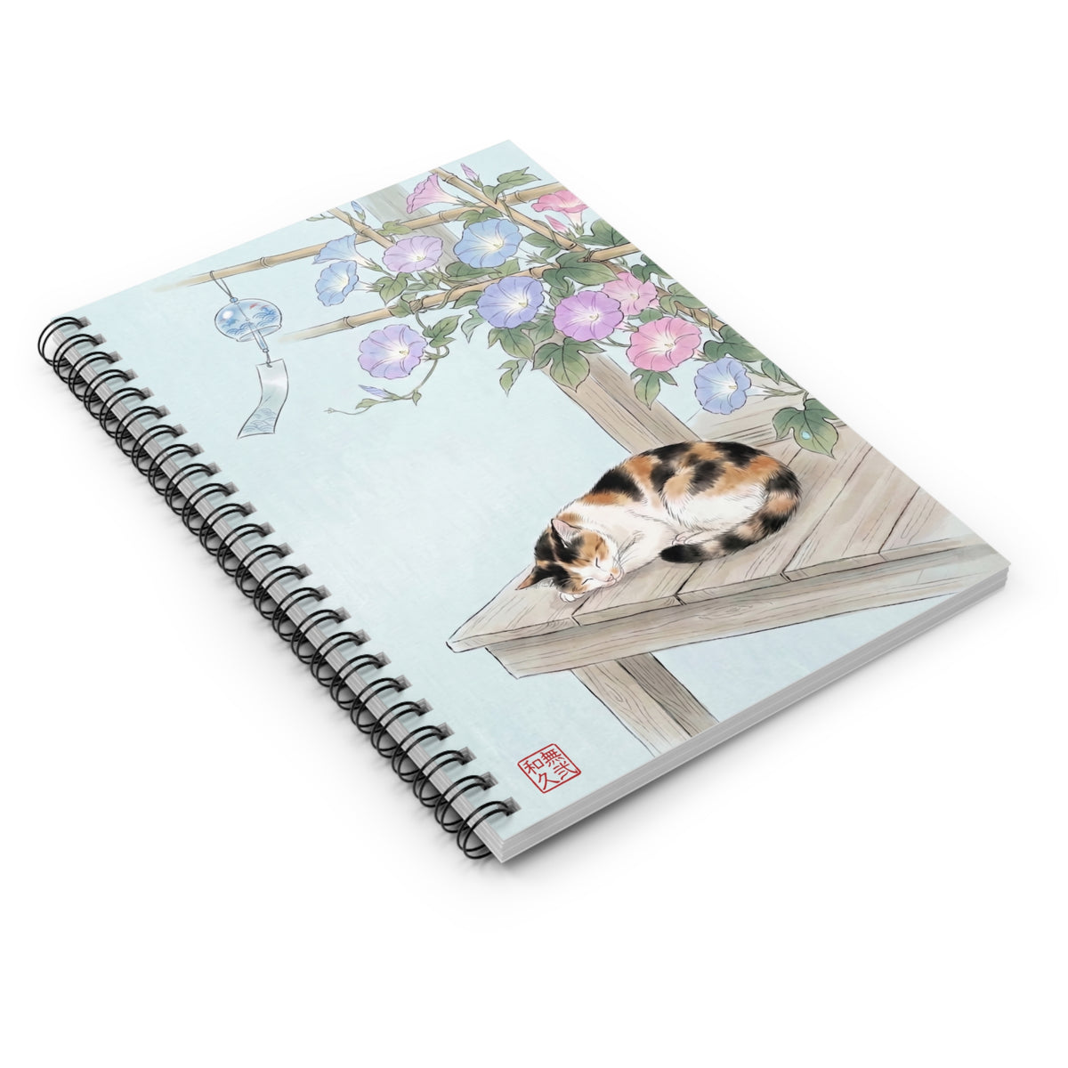 Japanese Calico Cat and Morning Glory Spiral Notebook - Cute Summer Wind Chime Journal | CC4I MU-NI Japan