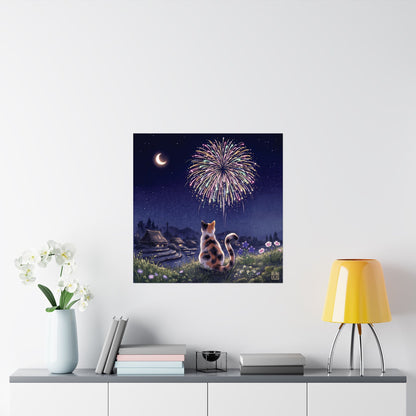 Calico Cat and Fireworks Art Print - Japanese Nostalgic Summer Night Poster | MU-NI Japan