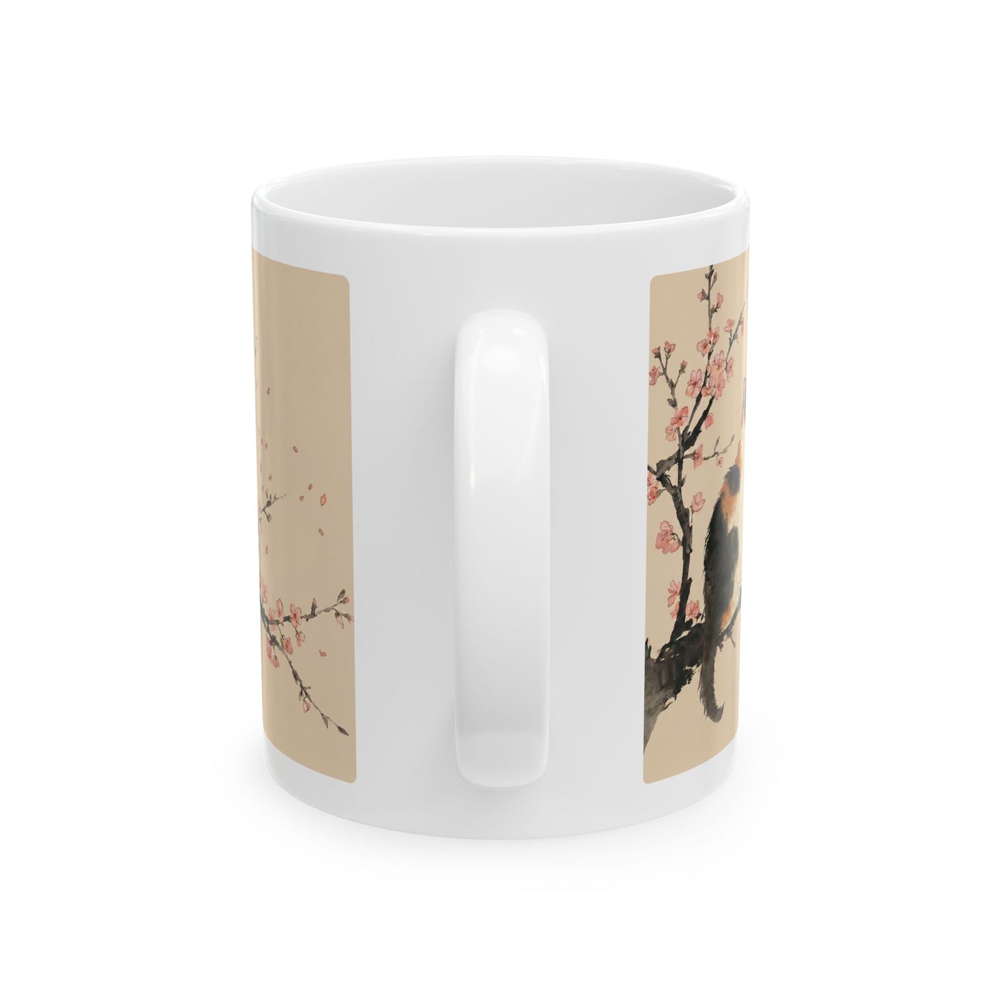 Japanese Calico Cat & Cherry Blossom Sakura Ceramic Mug | Zen Sumi-e Ink Art | Minimalist Japandi Coffee Cup 11oz 15oz CC2O | MU-NI Japan