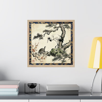 Japanese Crane and Turtle Pine and Plum Tree Matte Square Poster - Symbol of Longevity & Peace  | CT2K MU-NI Japan