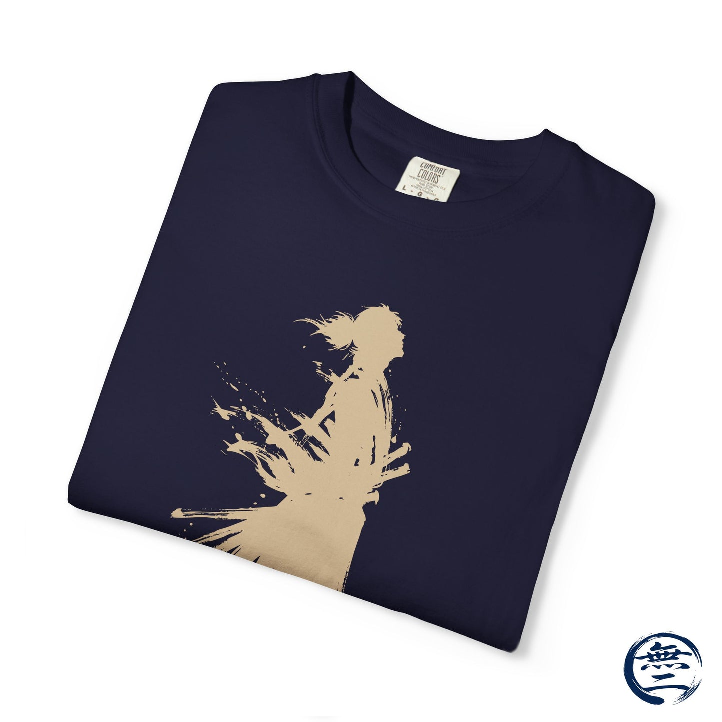 Minimalist Samurai Silhouette Zen T-Shirt - Japanese Calligraphy Kanji Shodo Art - One and Only Garment-Dyed Tee SR3U | MU-NI Japan