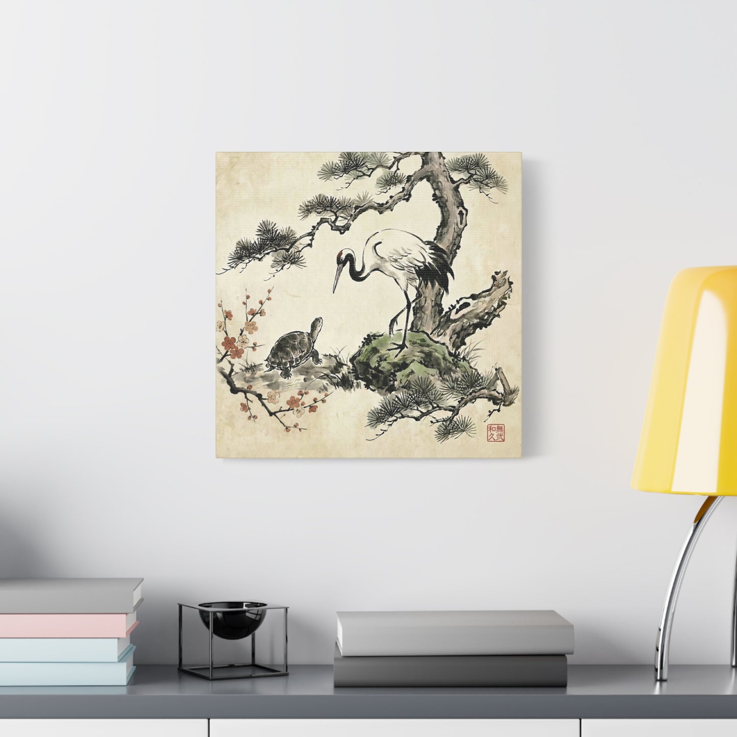 Japanese Crane and Turtle Longevity Zen Ink Art Canvas - Tsuru and Kame  | CT2V MU-NI Japan