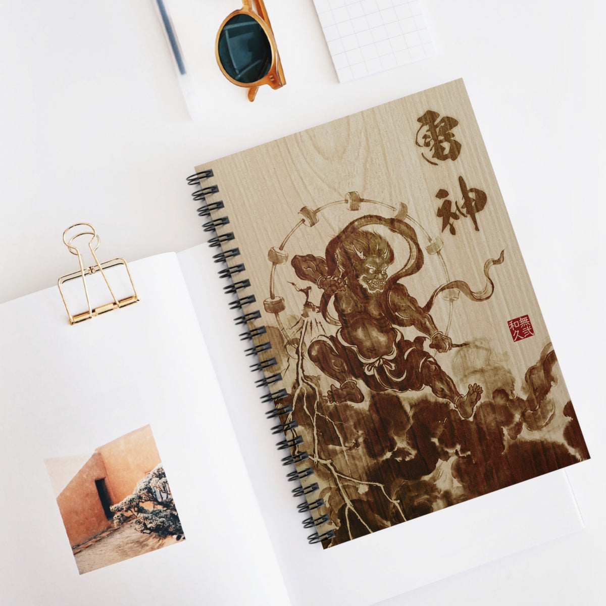 Raijin Thunder God Woodburn Art Spiral Notebook - Japanese Pyrography Style, Zen Stationery for Creative Spark RJ1I | MU-NI Japan