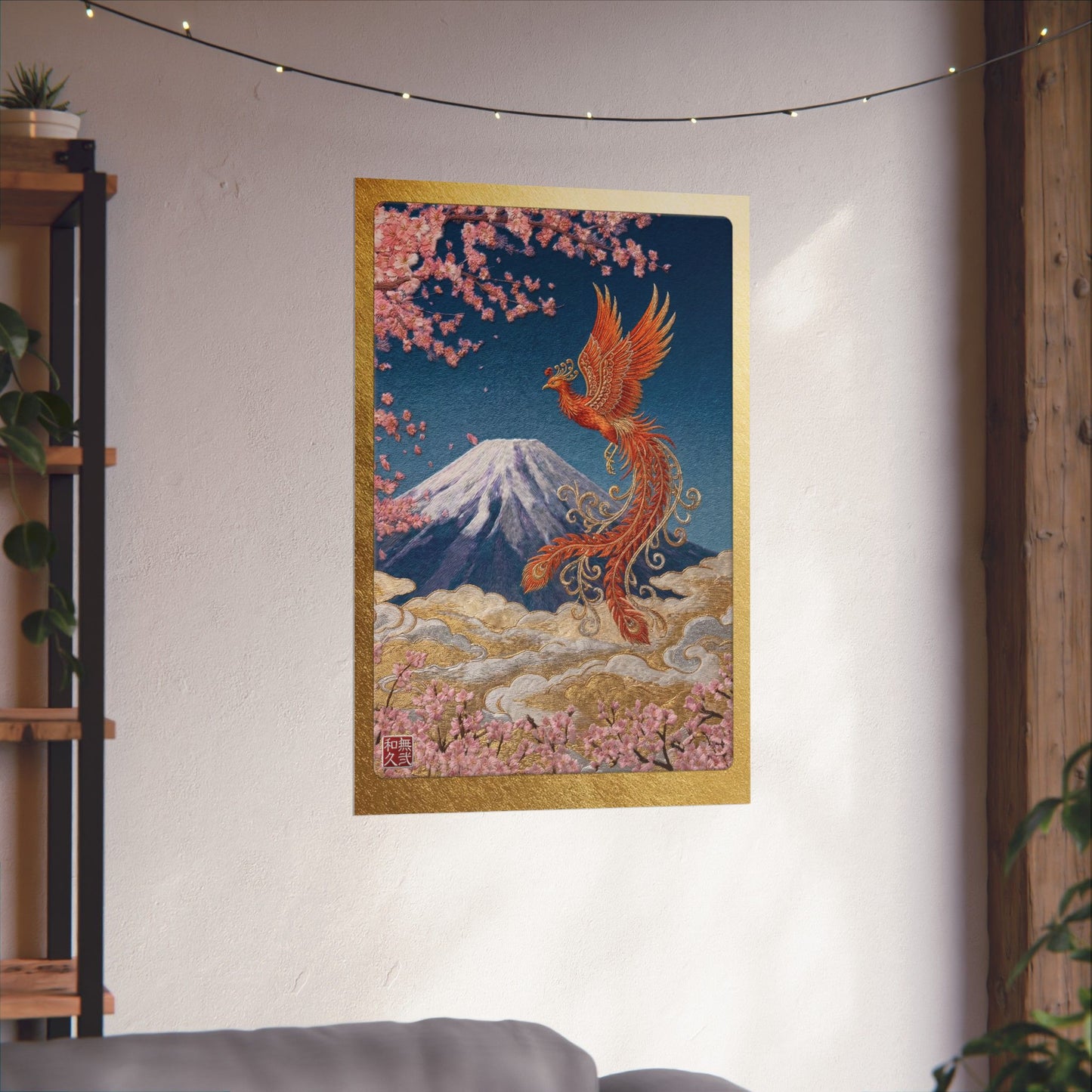 Japanese Phoenix Houou Mount Fuji Wall Art - Modern Embroidery Style Textured Poster | Zen Home Decor & Auspicious Gift HF3I | MU-NI Japan