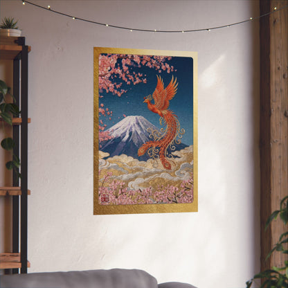 Japanese Phoenix Houou Mount Fuji Wall Art - Modern Embroidery Style Textured Poster | Zen Home Decor & Auspicious Gift HF3I | MU-NI Japan