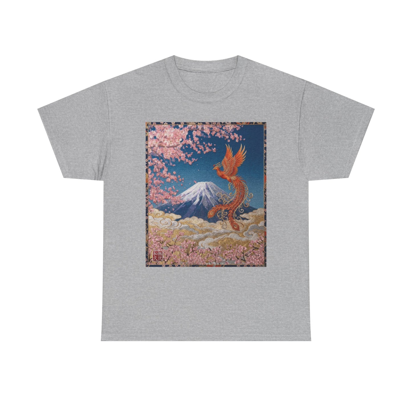 Japanese Phoenix Houou Mt Fuji Sakura T-Shirt - Japandi Zen Aesthetic Tee, Embroidery Texture Style, Mindfulness Gift HF3T | MU-NI Japan