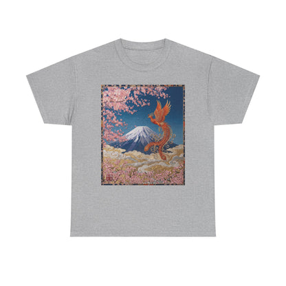 Japanese Phoenix Houou Mt Fuji Sakura T-Shirt - Japandi Zen Aesthetic Tee, Embroidery Texture Style, Mindfulness Gift HF3T | MU-NI Japan