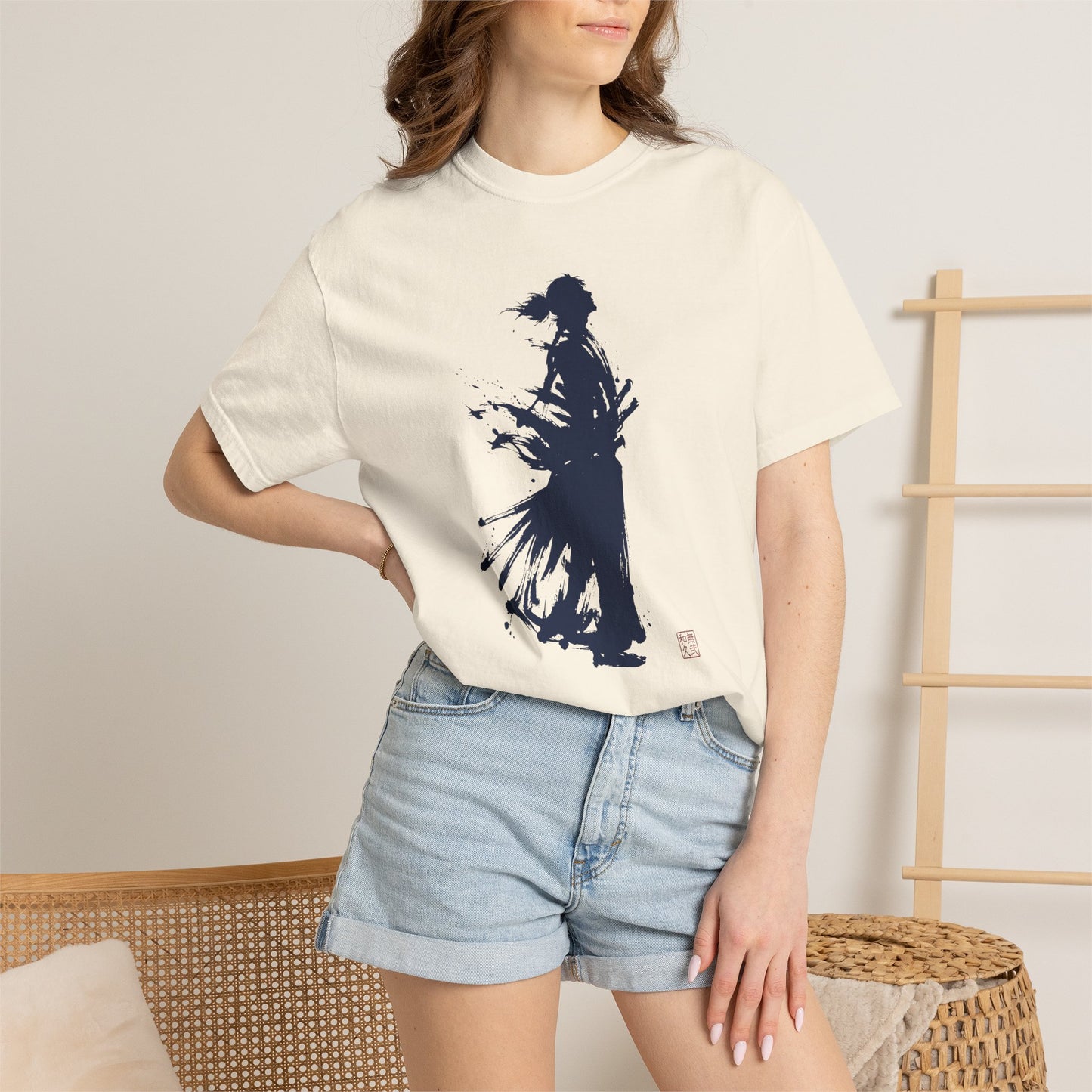 Minimalist Samurai Silhouette Zen T-Shirt - One and Only Garment-Dyed Tee SR4T | MU-NI Japan
