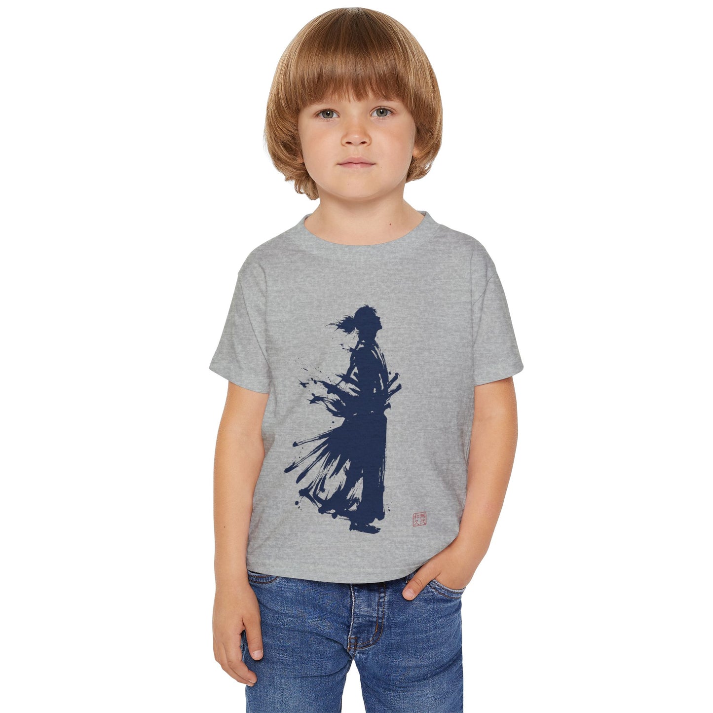 Samurai  Silhouette Toddler T-shirt | Zen Kids Fashion.Japanese Ink Art, "One and Only" Kanji Back Print, Bushido Style SR2R | MU-NI Japan