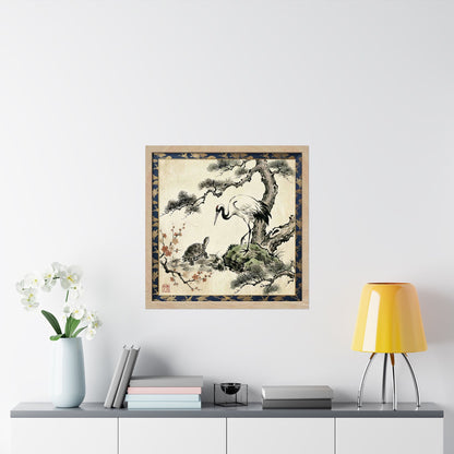 Japanese Crane and Turtle Pine and Plum Tree Matte Square Poster - Symbol of Longevity & Peace  | CT2K MU-NI Japan