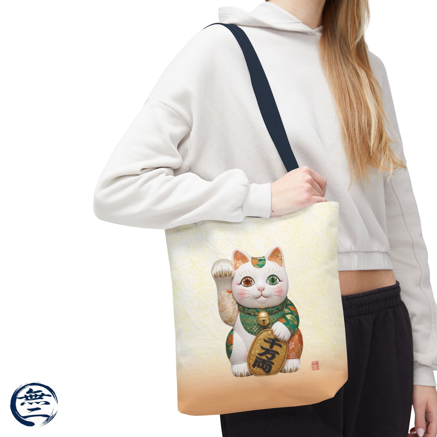 Shin-Maneki neko Modern Kimekomi Decor Style Tote Bag | Kawaii Odd-Eye & Smile Dual Design- Beckon Wealth and Prosperity MK2D | MU-NI Japan