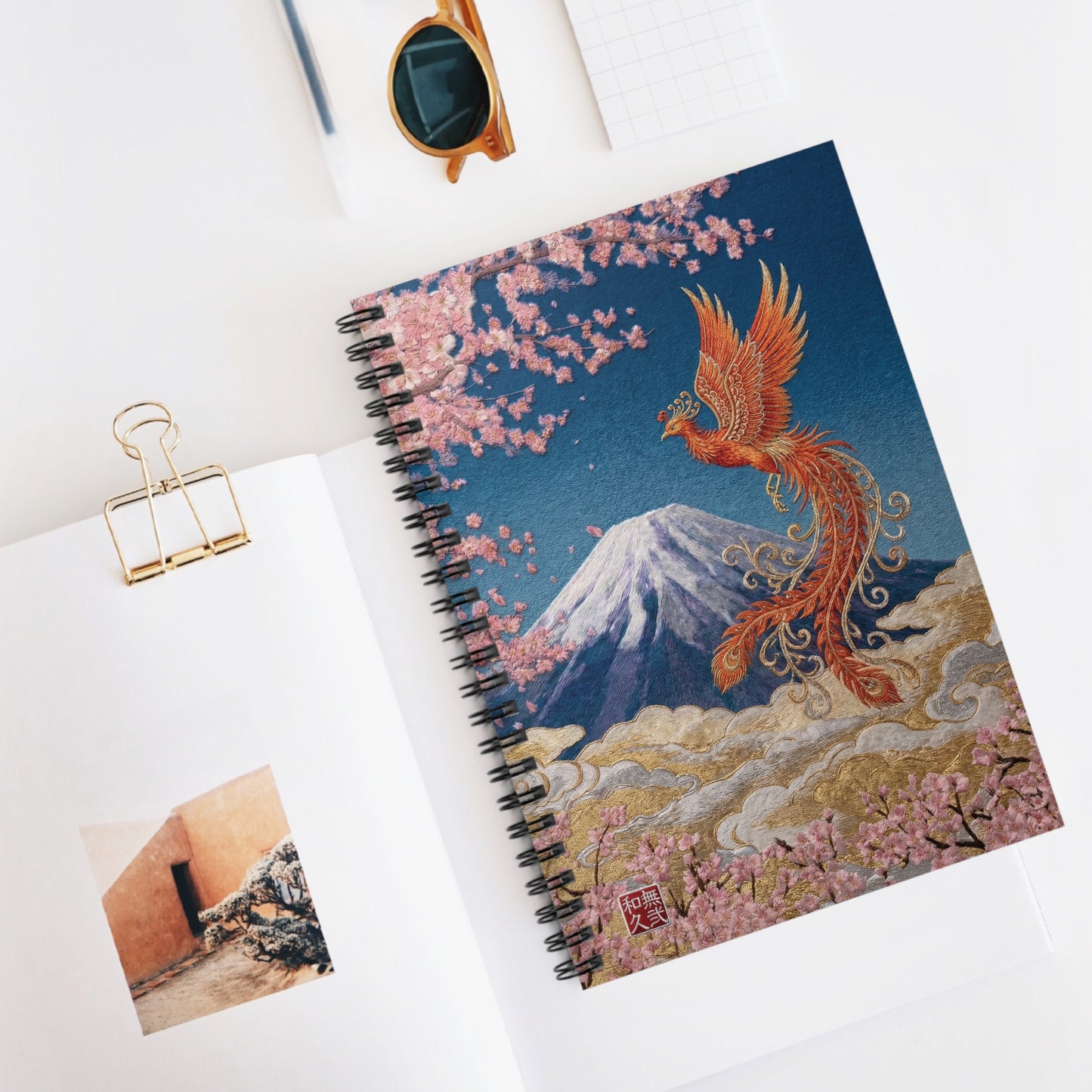 Japanese Phoenix Houou Mt Fuji Sakura Spiral Notebook - Japandi Zen Aesthetic, Embroidery Texture Style, Mindfulness Gift HF3I | MU-NIJapan