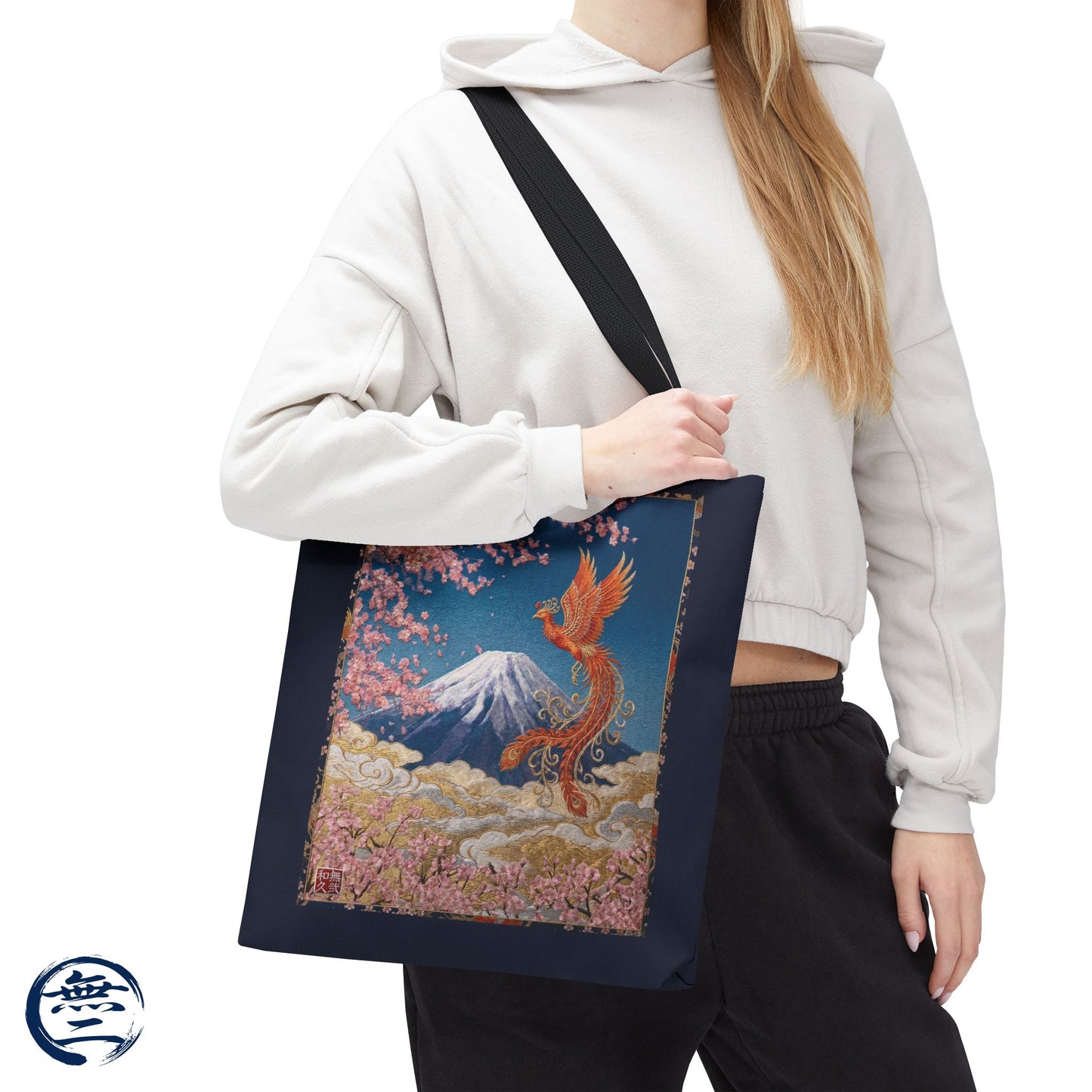 Japanese Phoenix Houou Mt Fuji Sakura Aop Tote Bag - Japandi Zen Aesthetic, Embroidery Texture Style, Mindfulness Gift HF3D | MU-NI Japan