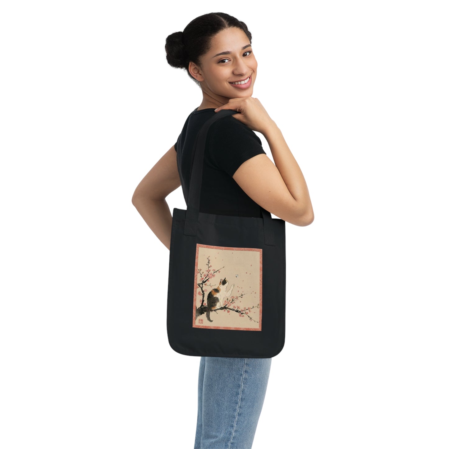 Japanese Calico Cat & Cherry Blossom "Sakura" Premium Organic Canvas Tote Bag | CC3B MU-NI Japan