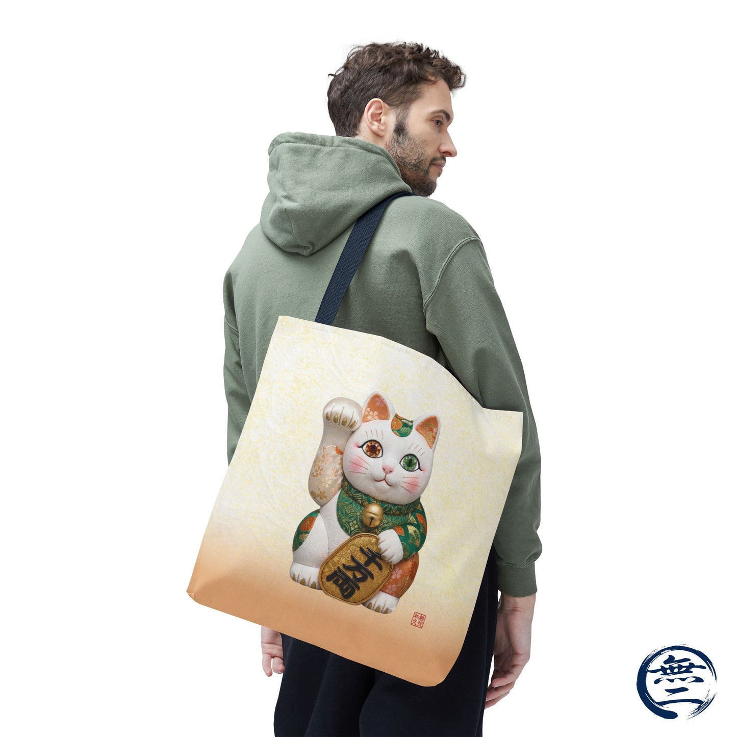 Shin-Maneki neko Modern Kimekomi Decor Style Tote Bag | Kawaii Odd-Eye & Smile Dual Design- Beckon Wealth and Prosperity MK2D | MU-NI Japan