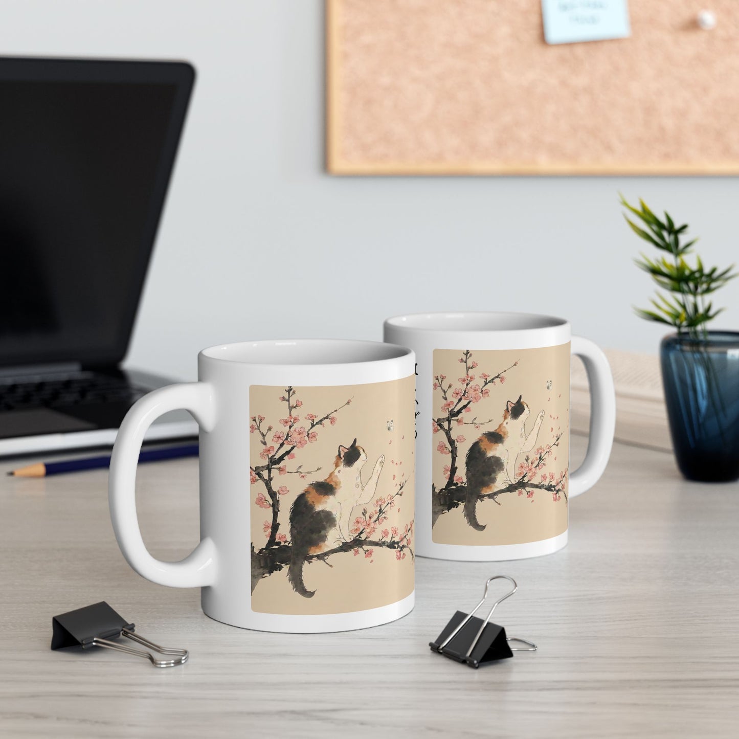 Japanese Calico Cat & Cherry Blossom Sakura Ceramic Mug | Zen Sumi-e Ink Art | Minimalist Japandi Coffee Cup 11oz 15oz CC2O | MU-NI Japan
