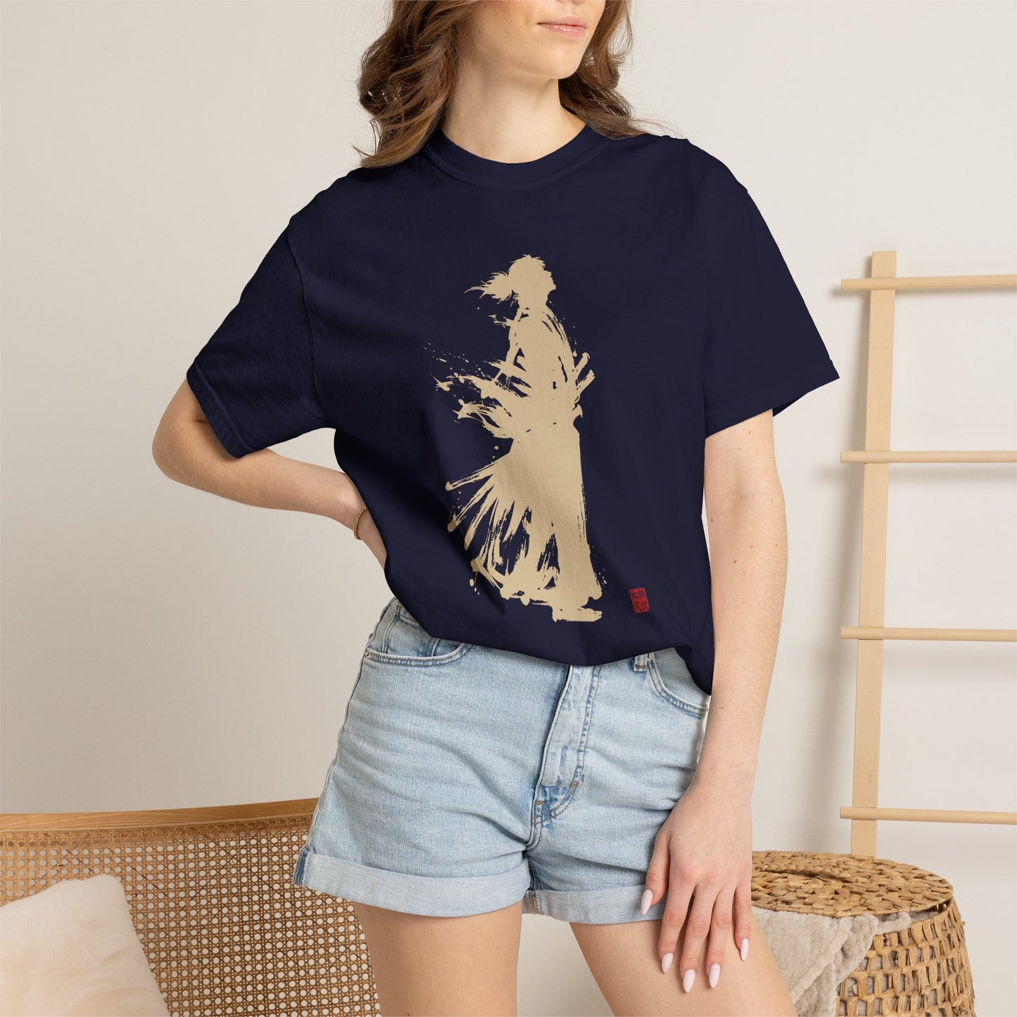 Minimalist Samurai Silhouette Zen T-Shirt - Japanese Calligraphy Kanji Shodo Art - One and Only Garment-Dyed Tee SR3U | MU-NI Japan