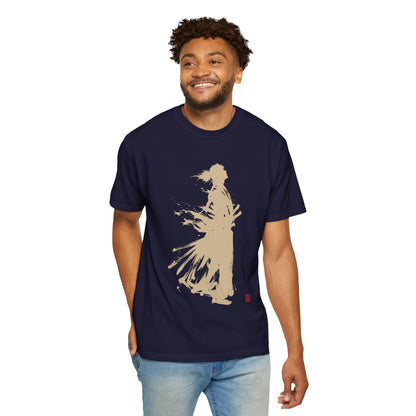 Minimalist Samurai Silhouette Zen T-Shirt - Japanese Calligraphy Kanji Shodo Art - One and Only Garment-Dyed Tee SR2U | MU-NI Japan