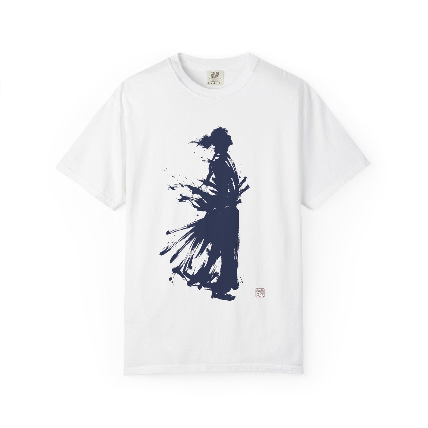 Minimalist Samurai Silhouette Zen T-Shirt - Japanese Calligraphy Kanji Shodo Art - One and Only Garment-Dyed Tee SR2T | MU-NI Japan