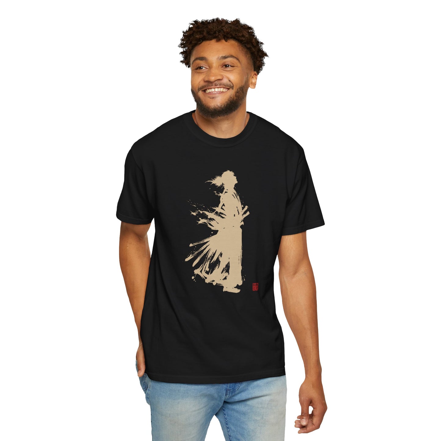 Minimalist Samurai Silhouette Zen T-Shirt - Japanese Calligraphy Kanji Shodo Art - One and Only Garment-Dyed Tee SR3U | MU-NI Japan