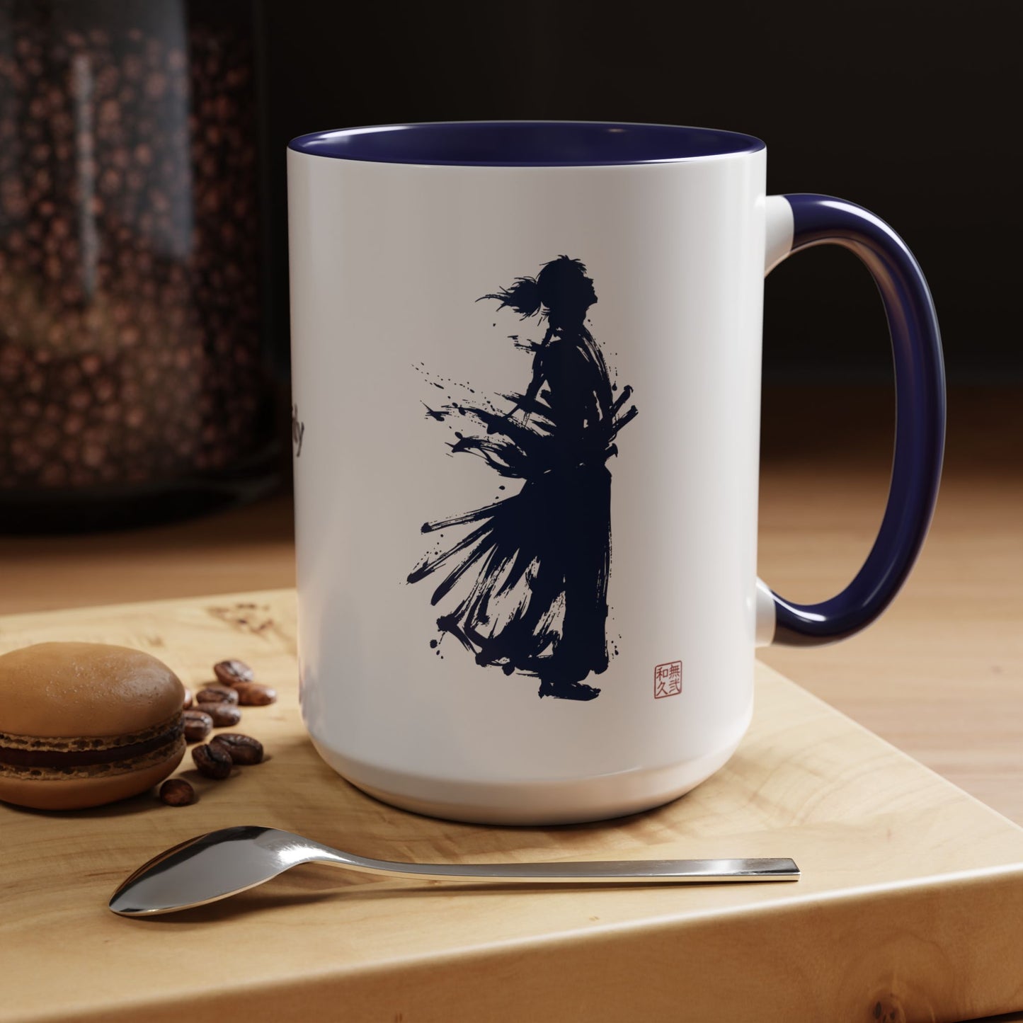 Samurai Warrior Silhouette Mug, Minimalist Japanese Art Zen Coffee Cup, Bushido Spirit, Japandi Home Office Decor 11/15oz SR2M | MU-NI Japan
