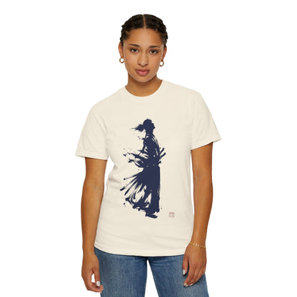 Minimalist Samurai Silhouette Zen T-Shirt - Japanese Calligraphy Kanji Shodo Art - One and Only Garment-Dyed Tee SR2T | MU-NI Japan