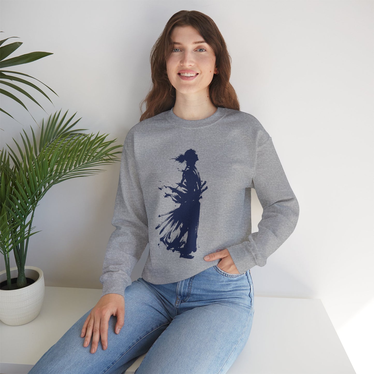Minimalist Samurai Silhouette Unisex Crewneck Sweatshirt | "The One and Only" Shodo (Japanese Kanji Calligraphy),  SR2S | MU-NI Japan