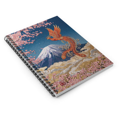 Japanese Phoenix Houou Mt Fuji Sakura Spiral Notebook - Japandi Zen Aesthetic, Embroidery Texture Style, Mindfulness Gift HF3I | MU-NIJapan