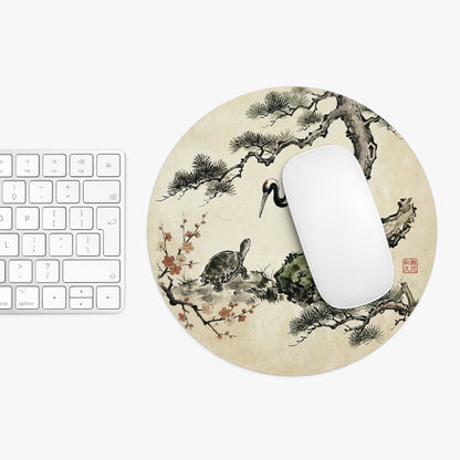 Crane and Turtle Sumi-e Round Mouse Pad with Pine & Plum | MU-NI Japan