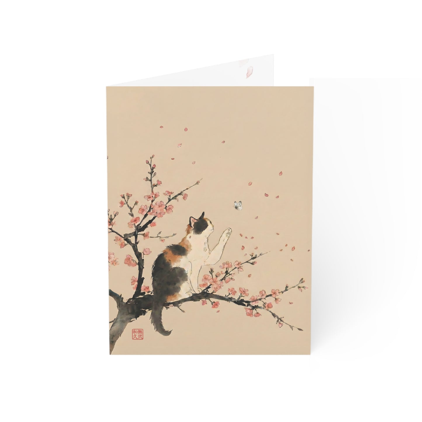 Japanese Calico Cat & Cherry Blossom Sakura Greeting Cards(10, 30, 50pcs) | Ink Wash Sumi-e style, Zen Minimalist Japandi CC2P | MU-NI Japan
