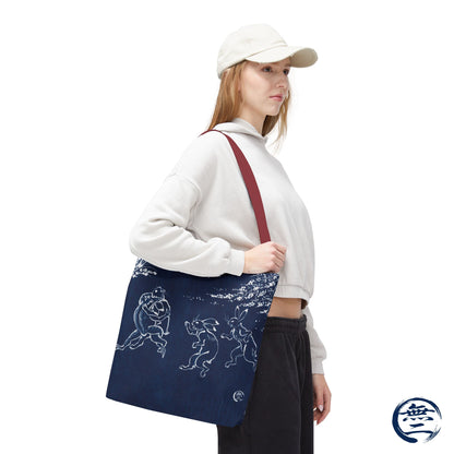 Choju Giga Tote Bag -AIZOME- Japanese Indigo Style Frogs and Rabbits Vintage Scroll Art | MU-NI Japan
