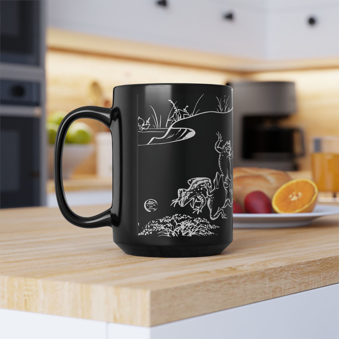 Choju-Giga Inverted Black Ceramic Mug Black Mug (11oz, 15oz), Japanese Antique Art Frog and Rabbit| RHC MU-NI Japan