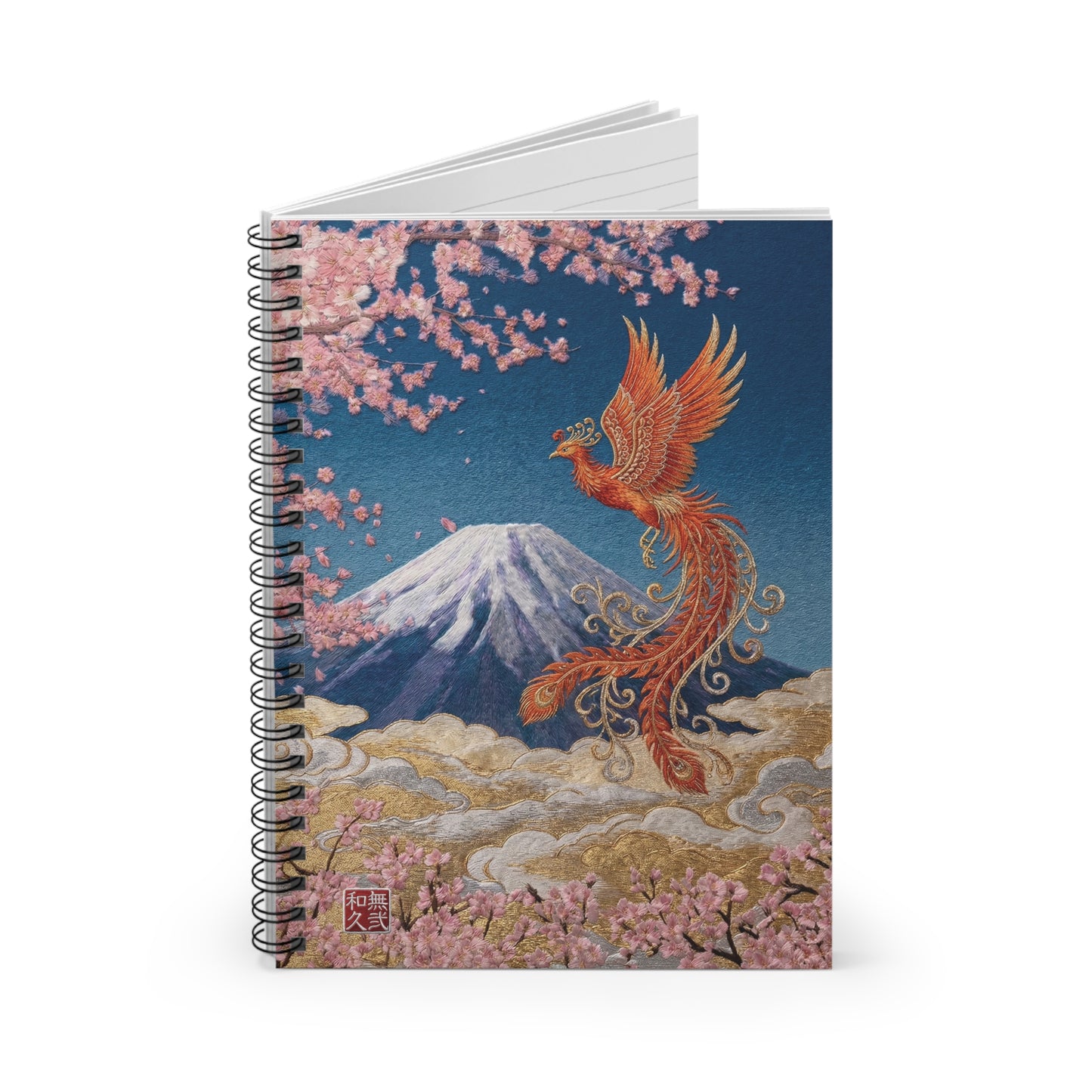 Japanese Phoenix Houou Mt Fuji Sakura Spiral Notebook - Japandi Zen Aesthetic, Embroidery Texture Style, Mindfulness Gift HF3I | MU-NIJapan