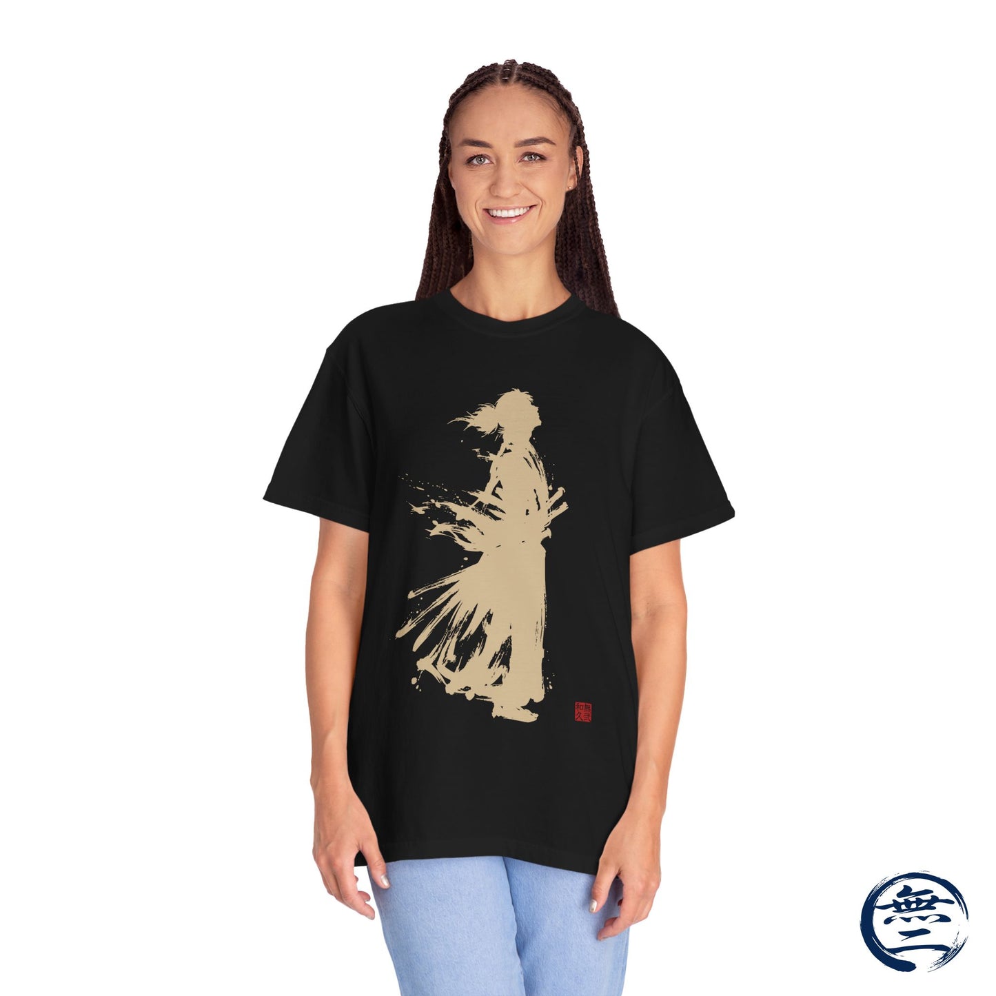 Minimalist Samurai Silhouette Zen T-Shirt - Japanese Calligraphy Kanji Shodo Art - One and Only Garment-Dyed Tee SR2U | MU-NI Japan