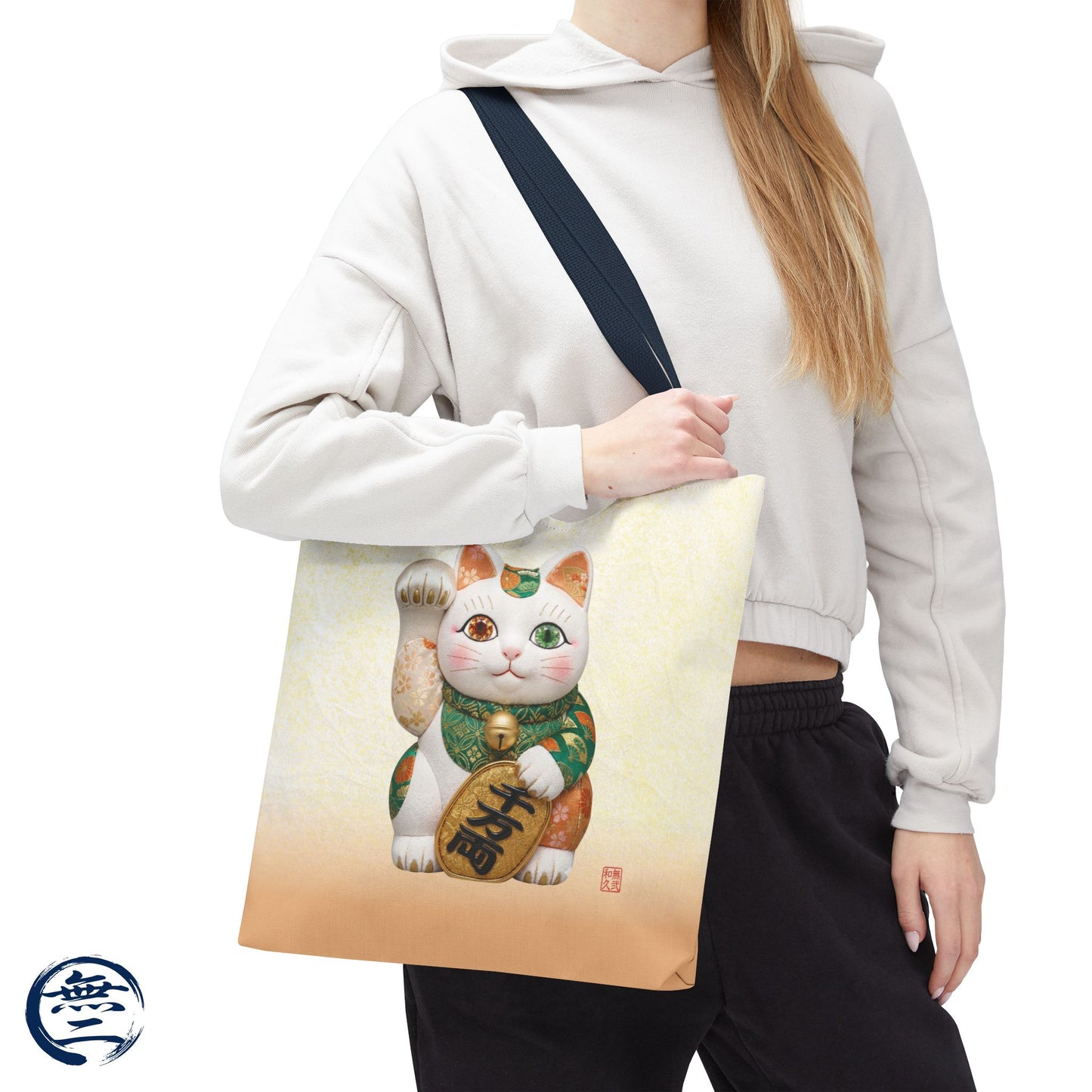 Shin-Maneki neko Modern Kimekomi Decor Style Tote Bag | Kawaii Odd-Eye & Smile Dual Design- Beckon Wealth and Prosperity MK2D | MU-NI Japan